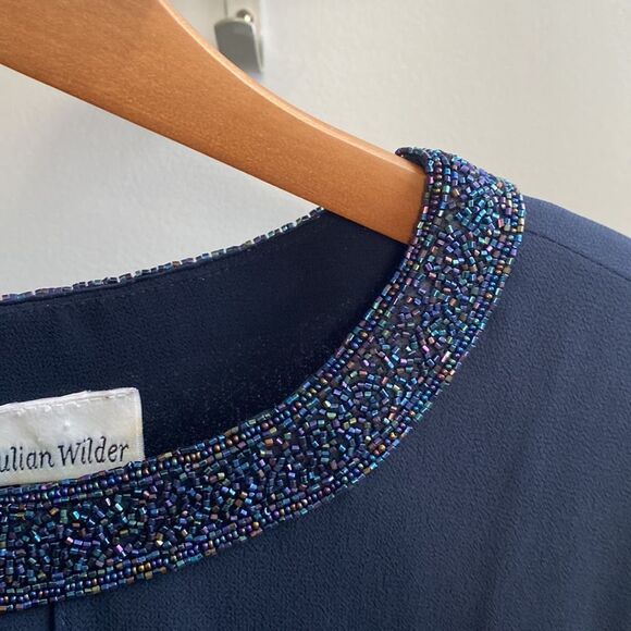 Vintage Navy Blue Blouse with Beaded Collar - Picture 4 of 10